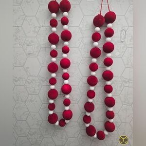 Lot of two Red / White Flocked Ball Christmas Garland 2 × 65 in, New